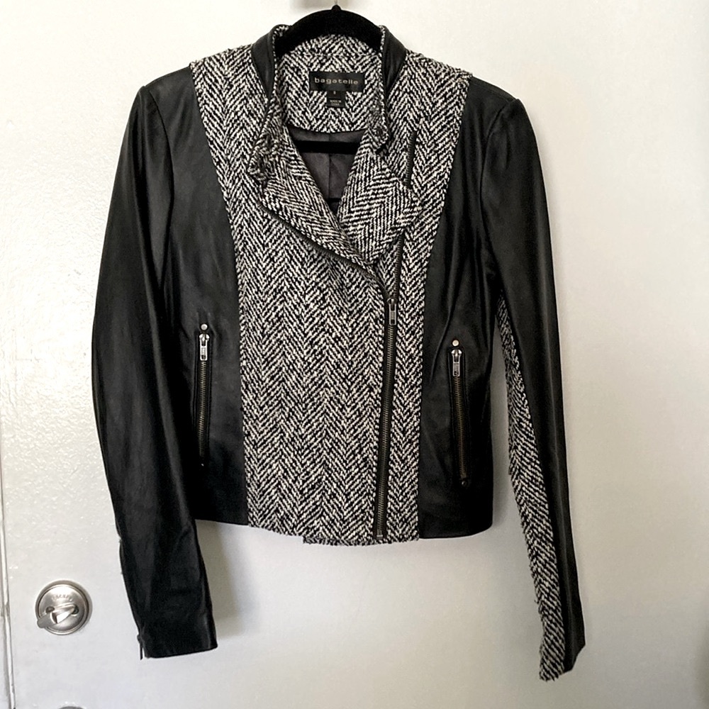 Bagatelle Leather Jacket w/ Houndstooth‎ Knit - Picture 2 of 9